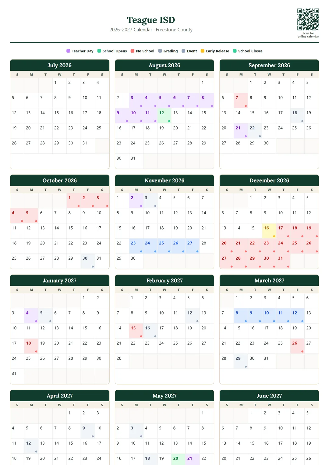 Teague ISD printable 2026–2027 calendar