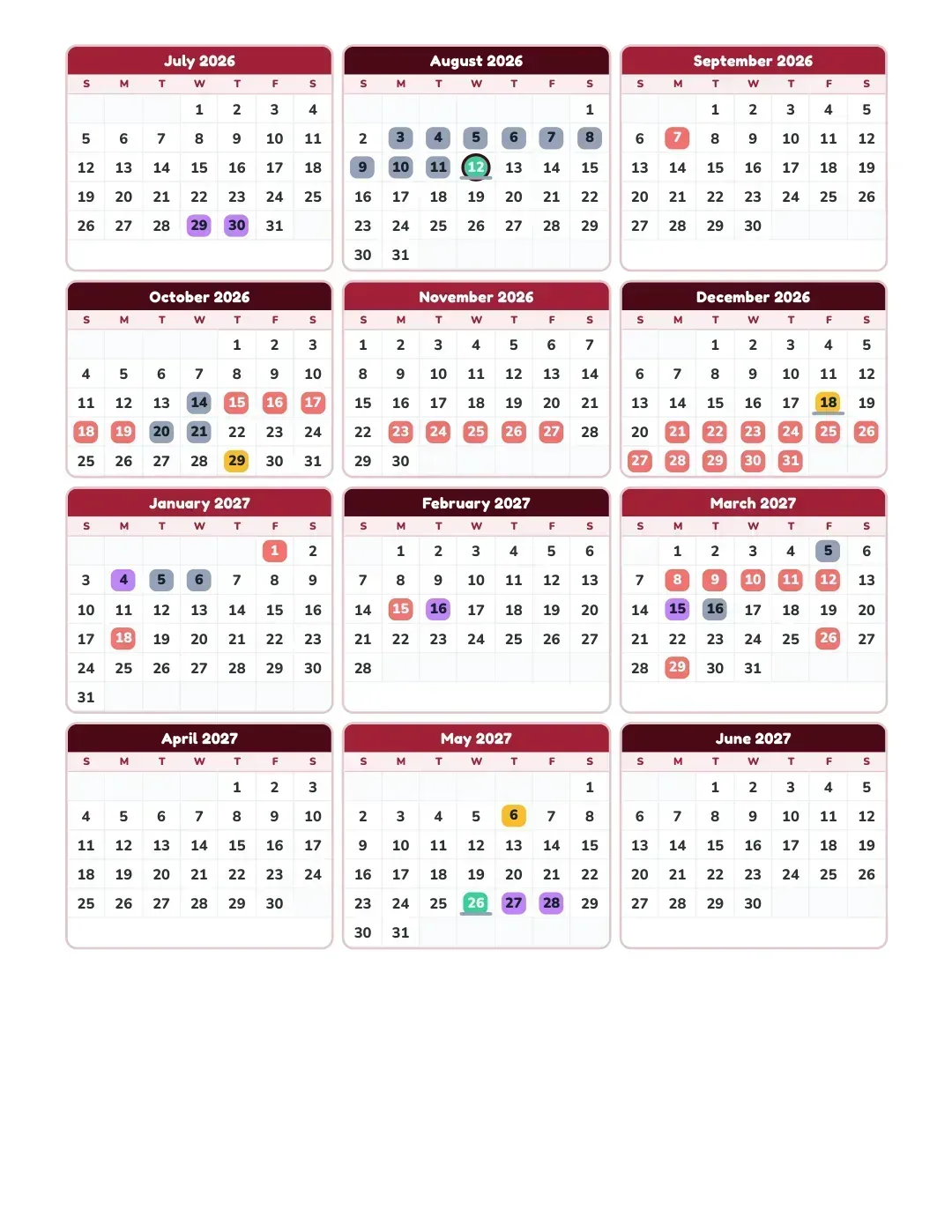Tekoa Academy Of Accelerated Studies STEM School Calendar for the Year 26-27 — key dates