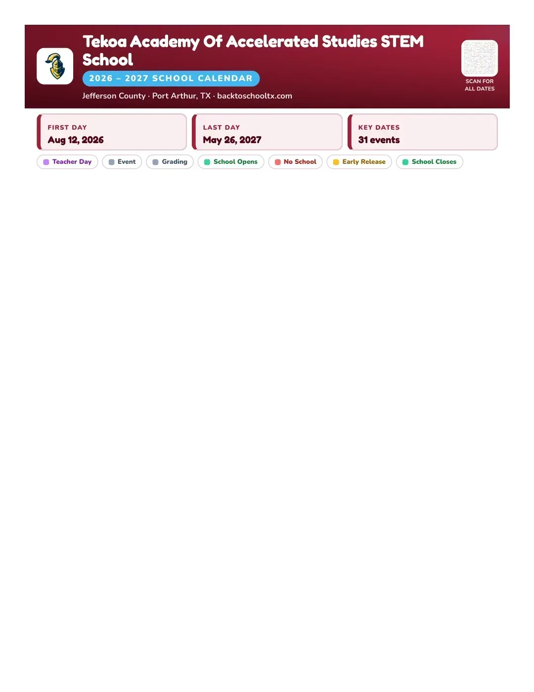 Tekoa Academy Of Accelerated Studies STEM School Calendar for the Year 26-27