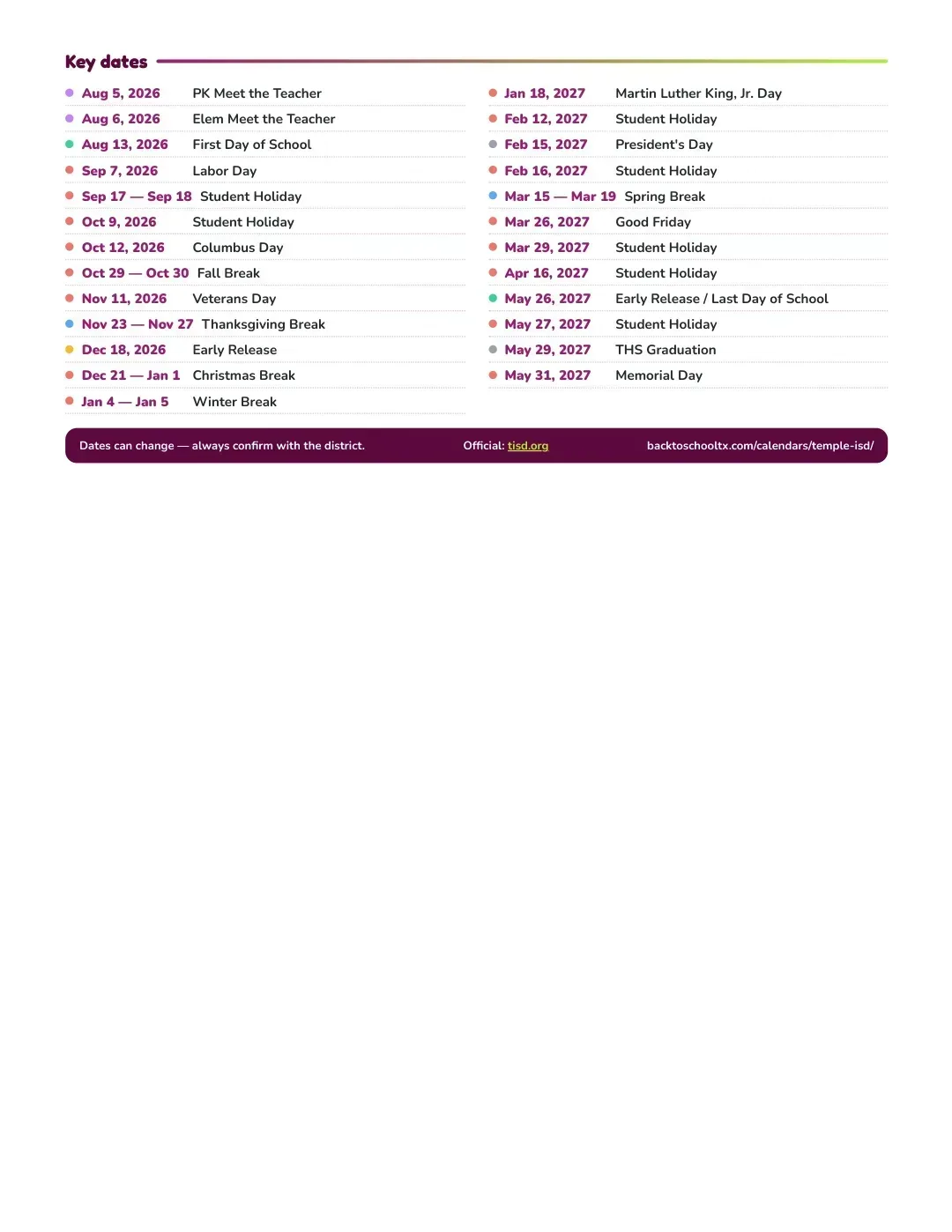 Temple ISD Calendar for the Year 26-27 — key dates