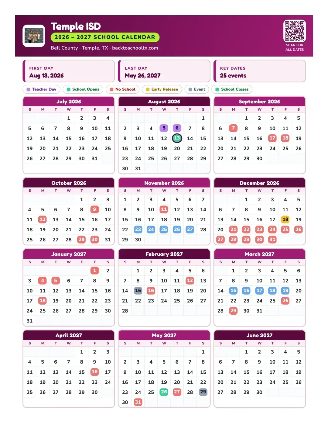 Temple ISD Calendar for the Year 26-27