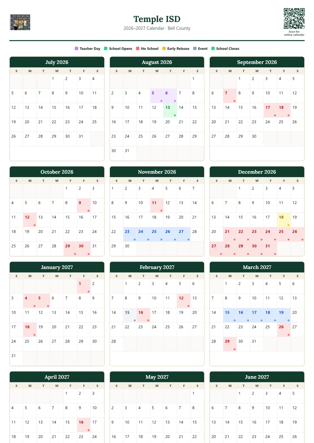 Temple ISD printable 2026–2027 calendar