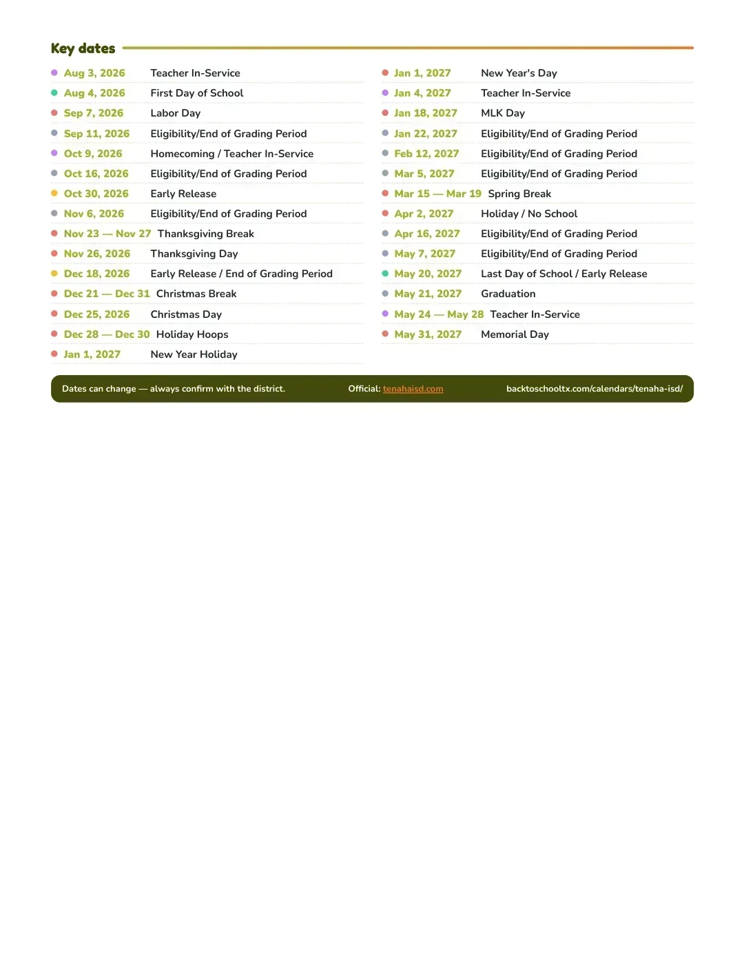 Tenaha ISD Calendar for the Year 26-27 — key dates