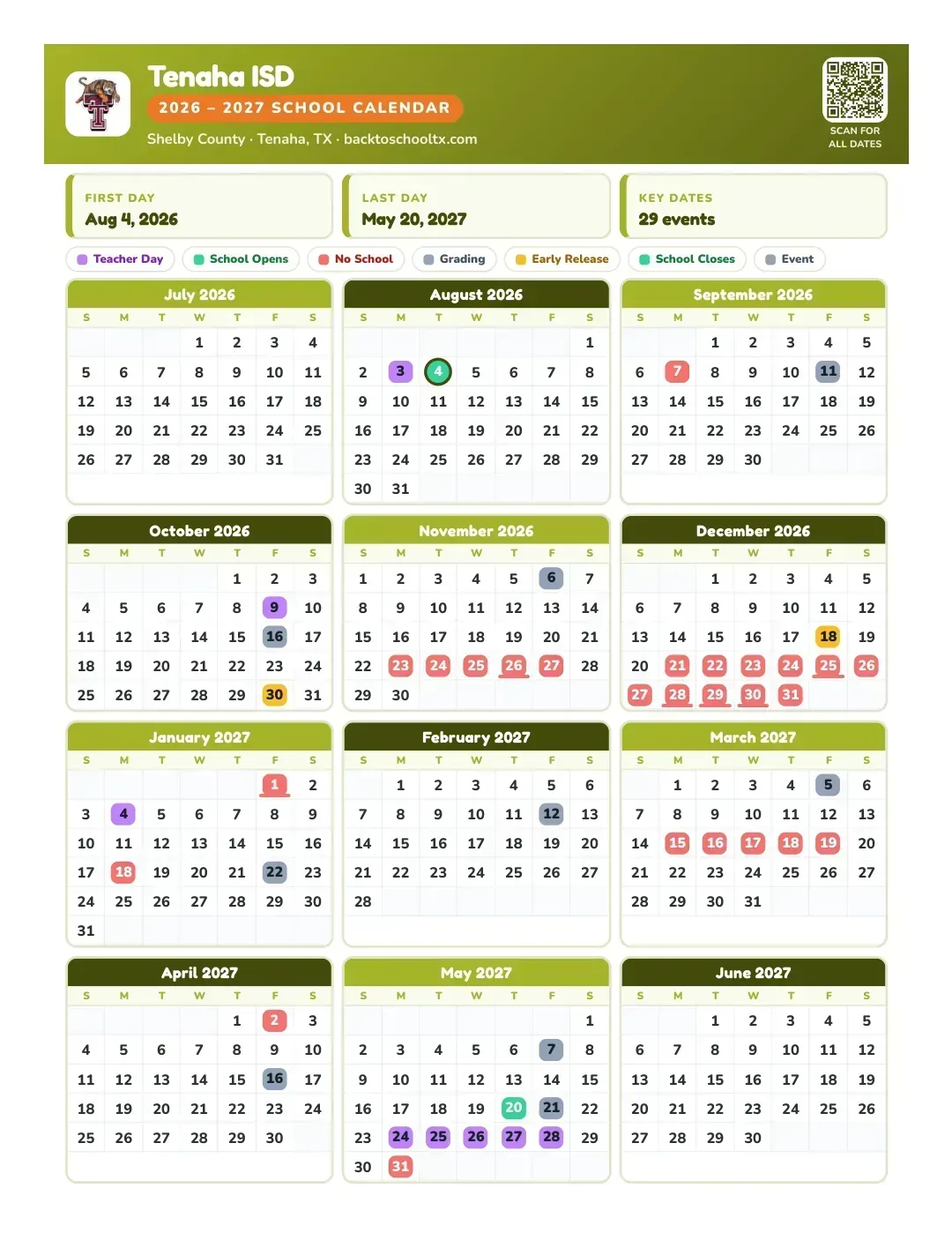 Tenaha ISD Calendar for the Year 26-27
