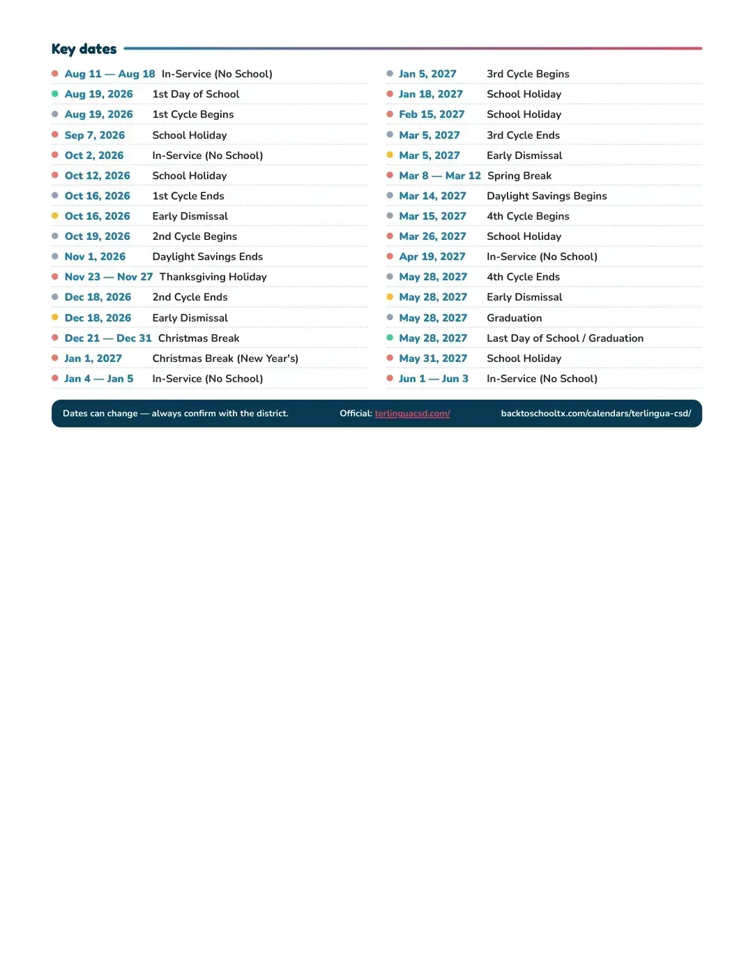 Terlingua Csd Calendar for the Year 26-27 — key dates