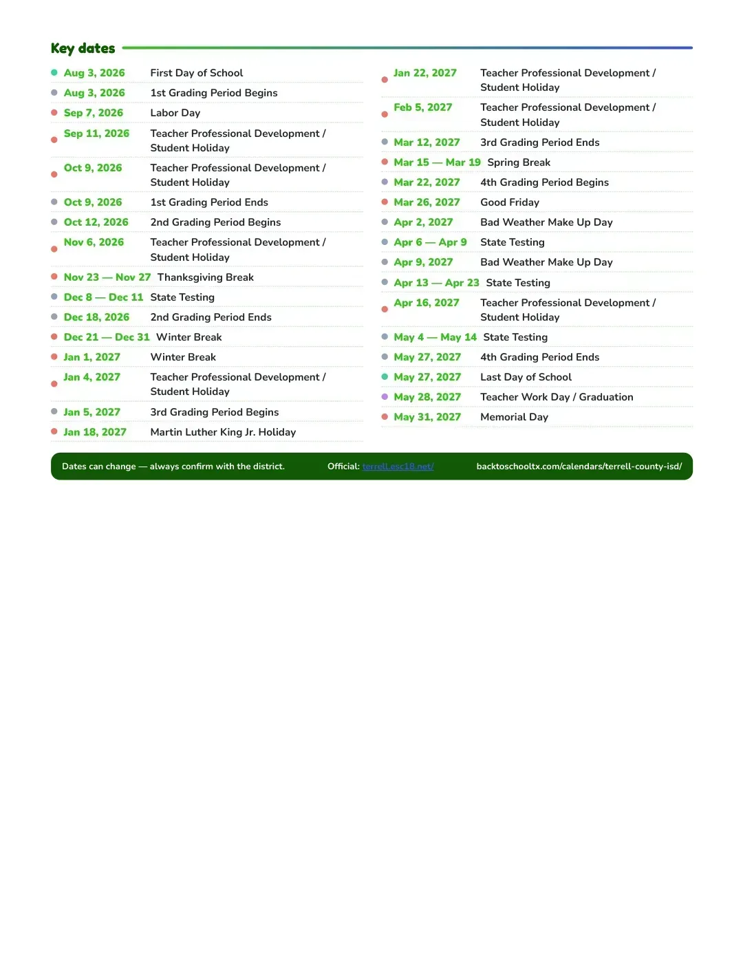 Terrell County ISD Calendar for the Year 26-27 — key dates