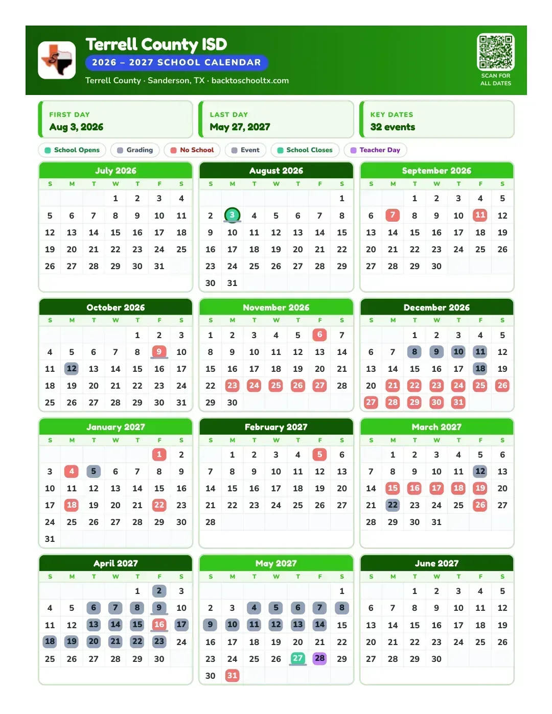 Terrell County ISD Calendar for the Year 26-27