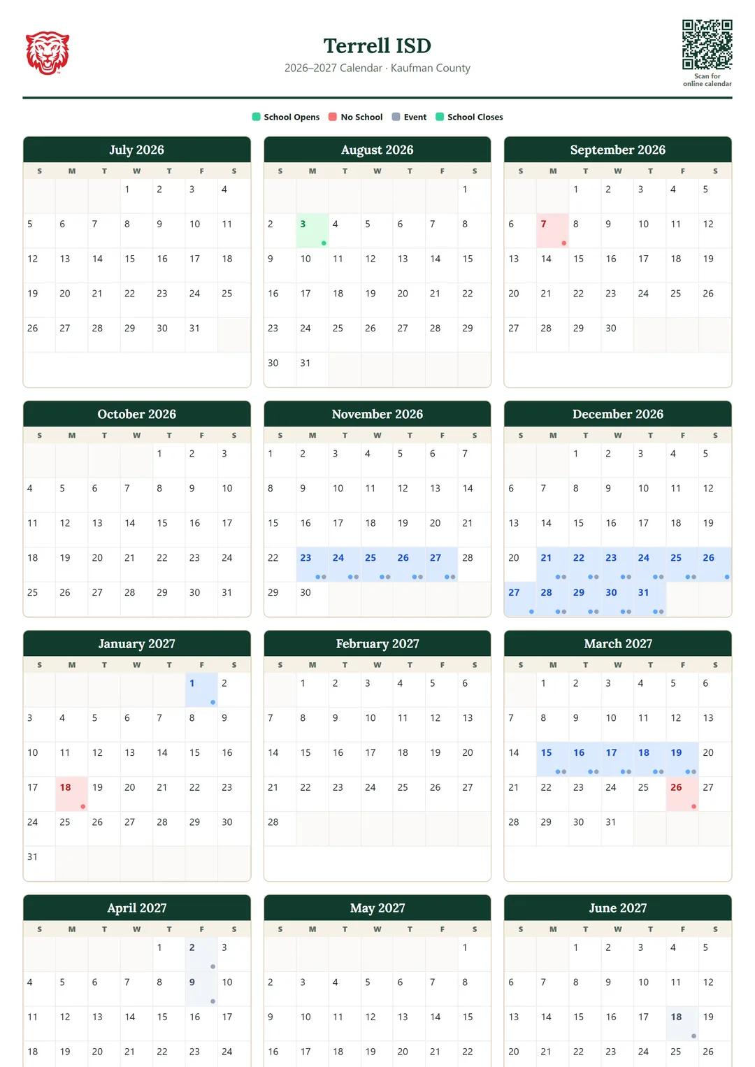 Terrell ISD printable 2026–2027 calendar