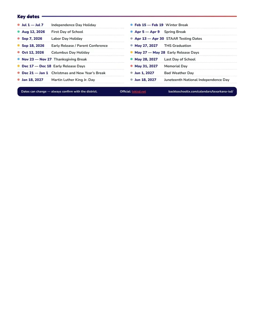 Texarkana ISD Calendar for the Year 26-27 — key dates