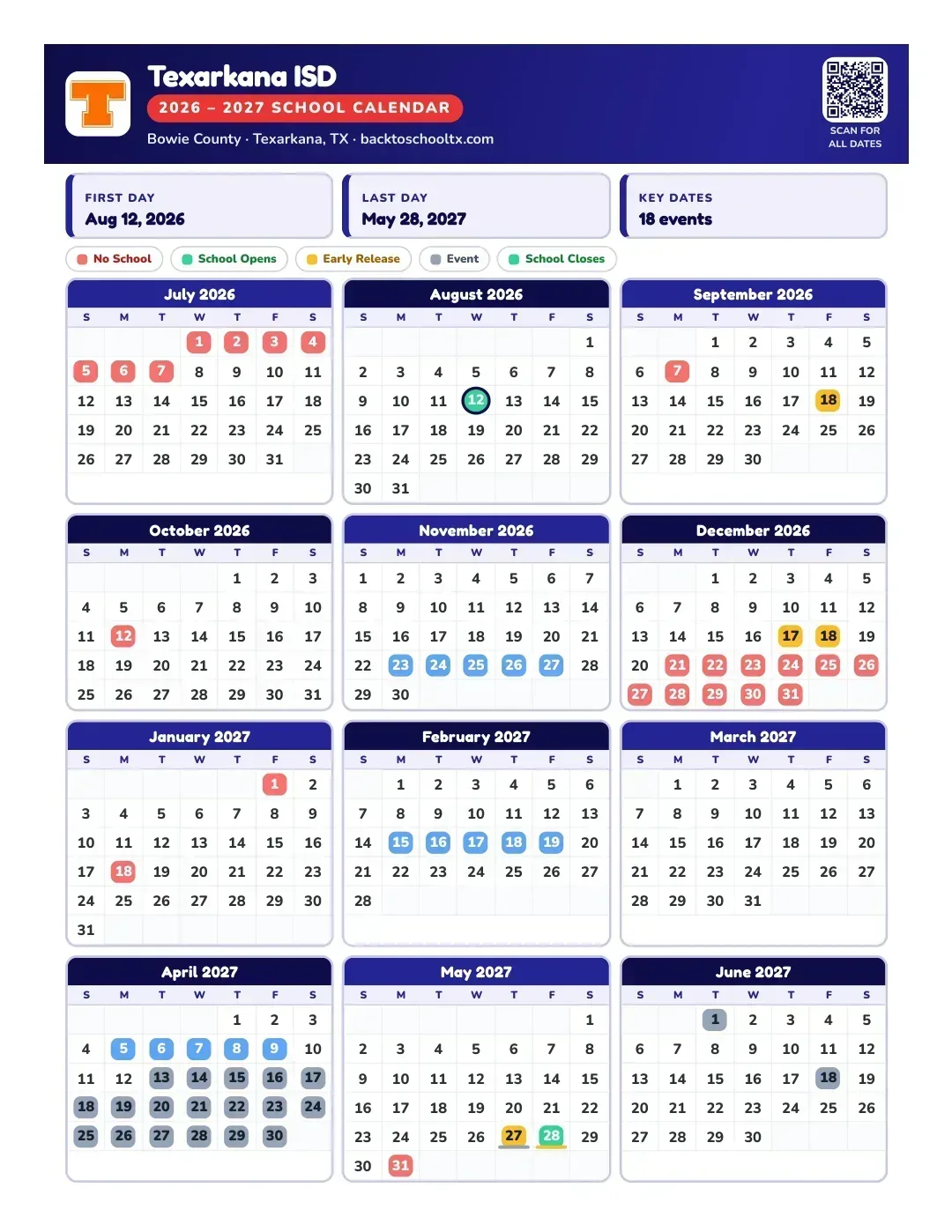 Texarkana ISD Calendar for the Year 26-27