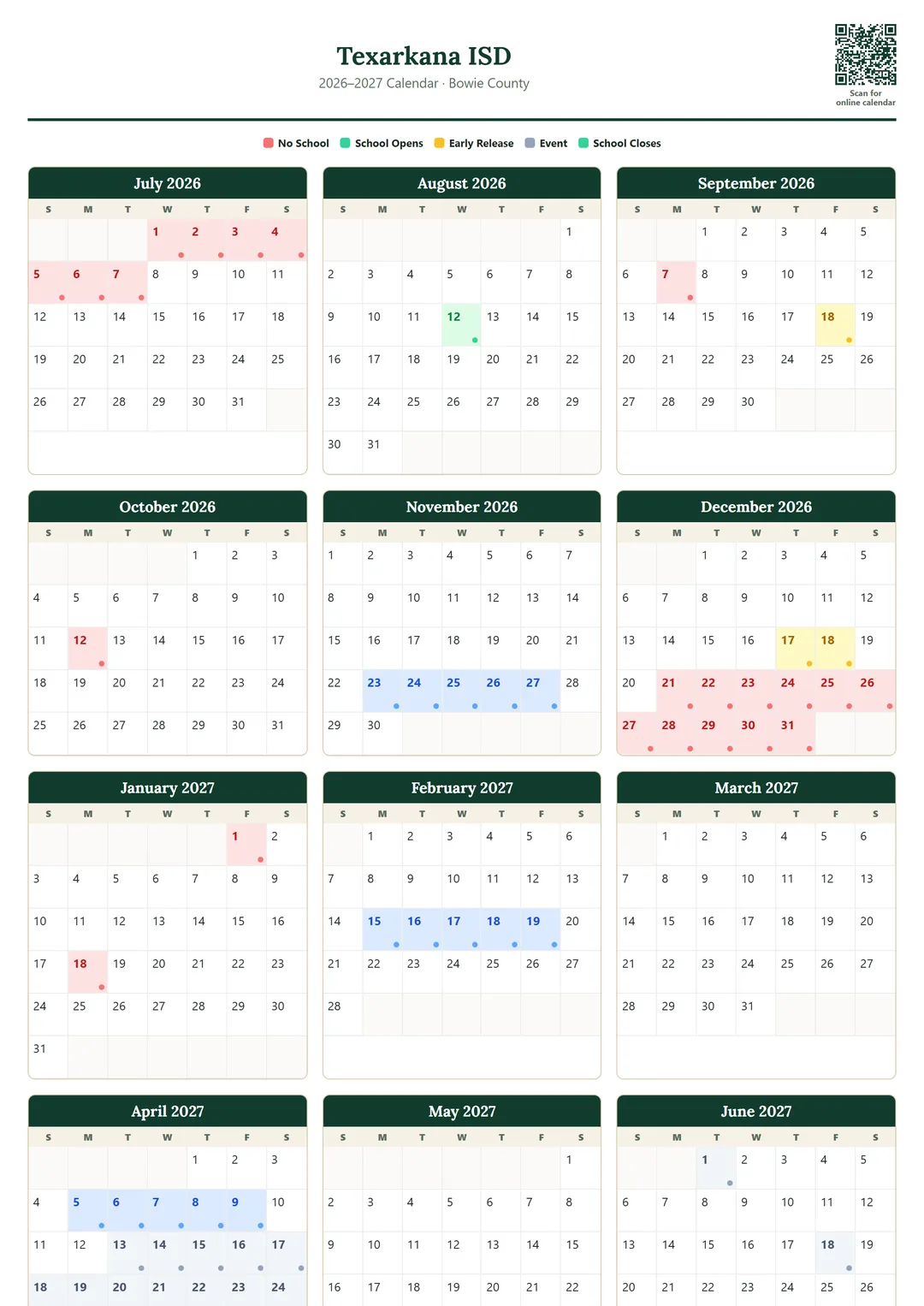 Texarkana ISD printable 2026–2027 calendar