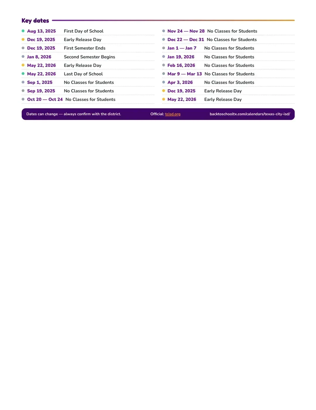 Texas City ISD Calendar for the Year 26-27 — key dates