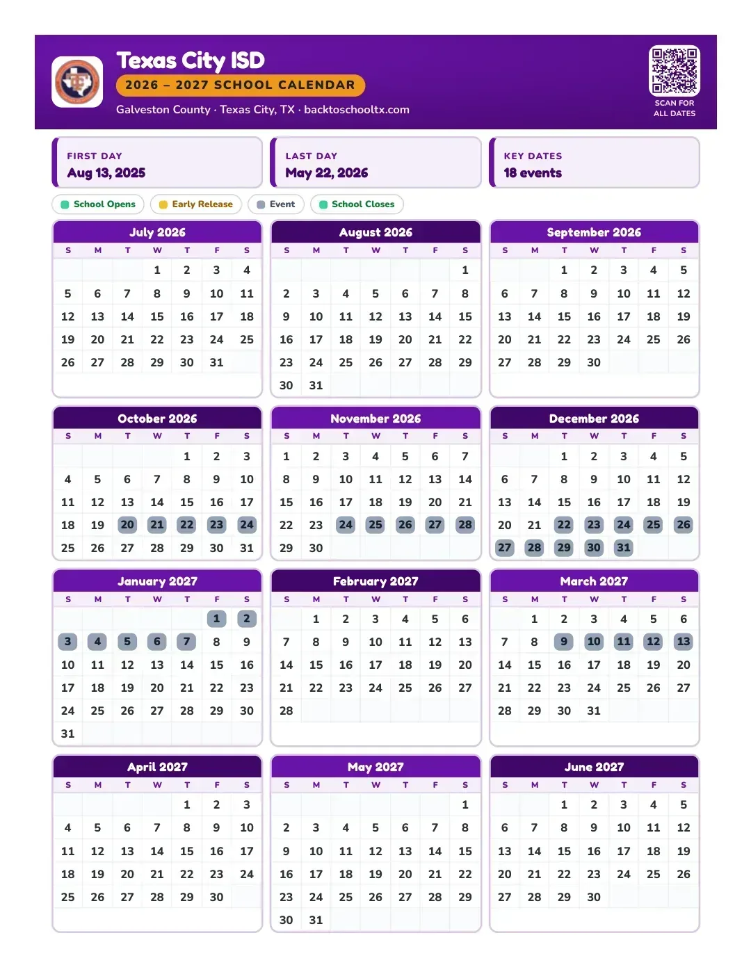 Texas City ISD Calendar for the Year 26-27