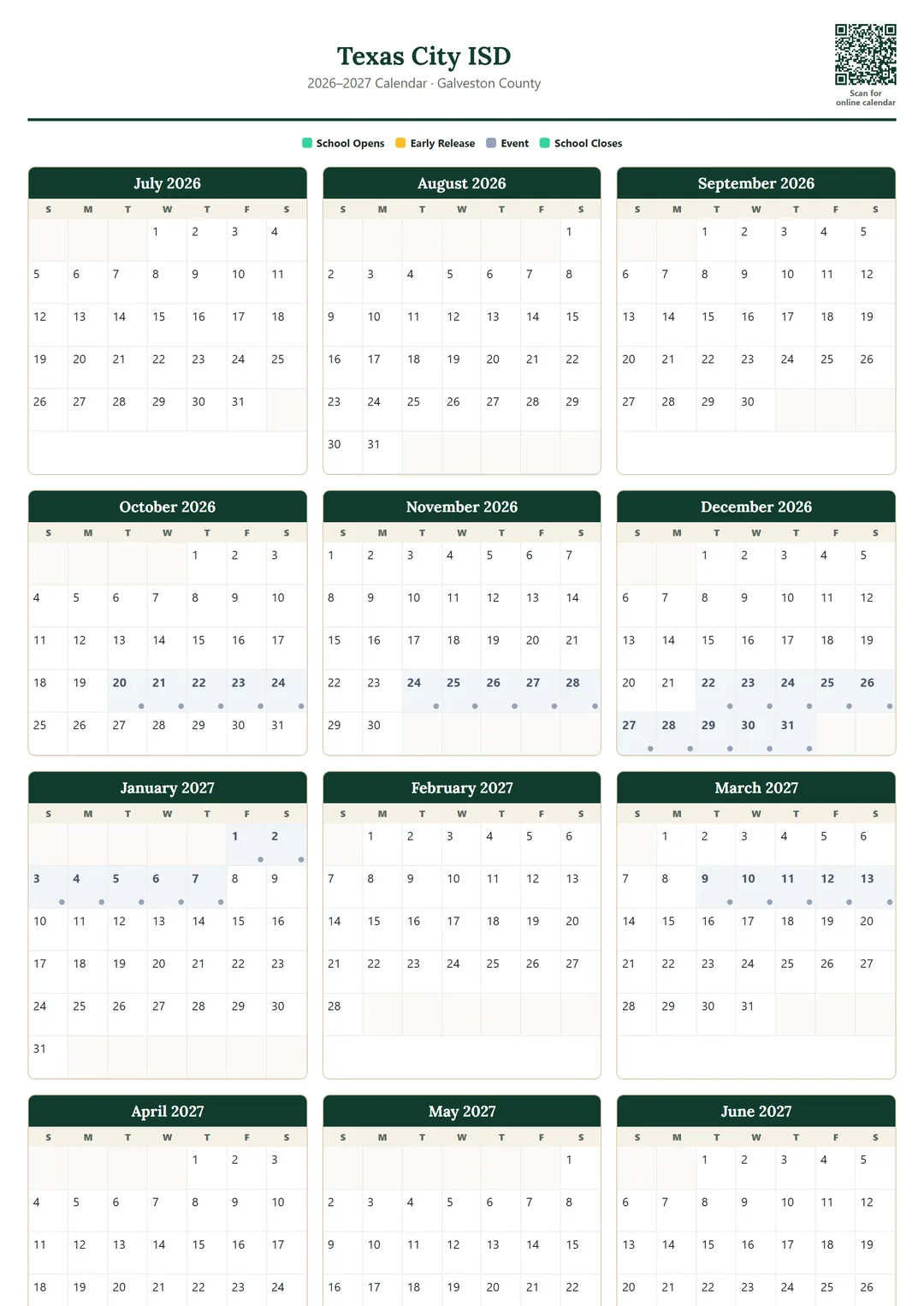 Texas City ISD printable 2026–2027 calendar
