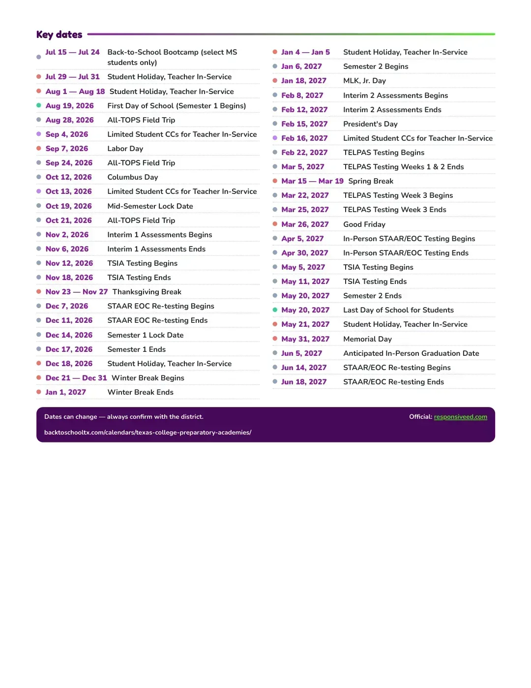 Texas College Preparatory Academies Calendar for the Year 26-27 — key dates