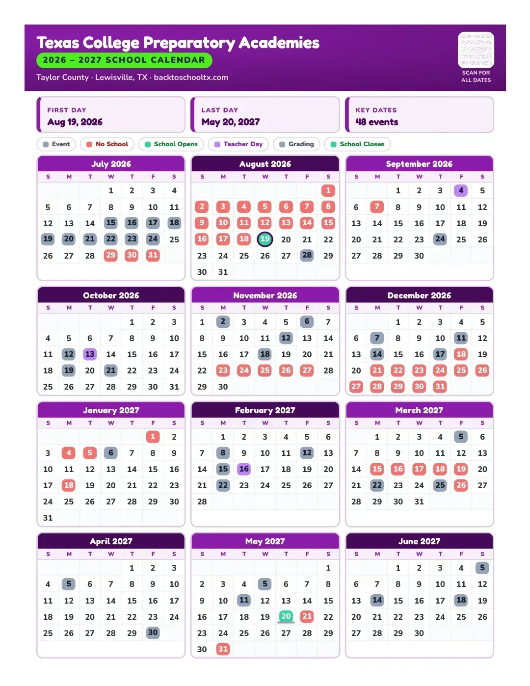 Texas College Preparatory Academies Calendar for the Year 26-27