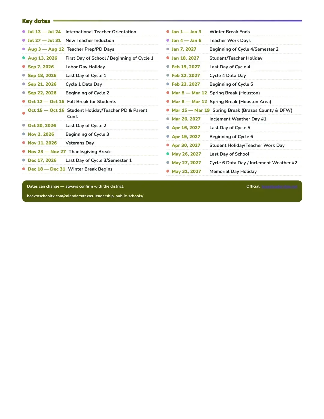 Texas Leadership Public Schools Calendar for the Year 26-27 — key dates