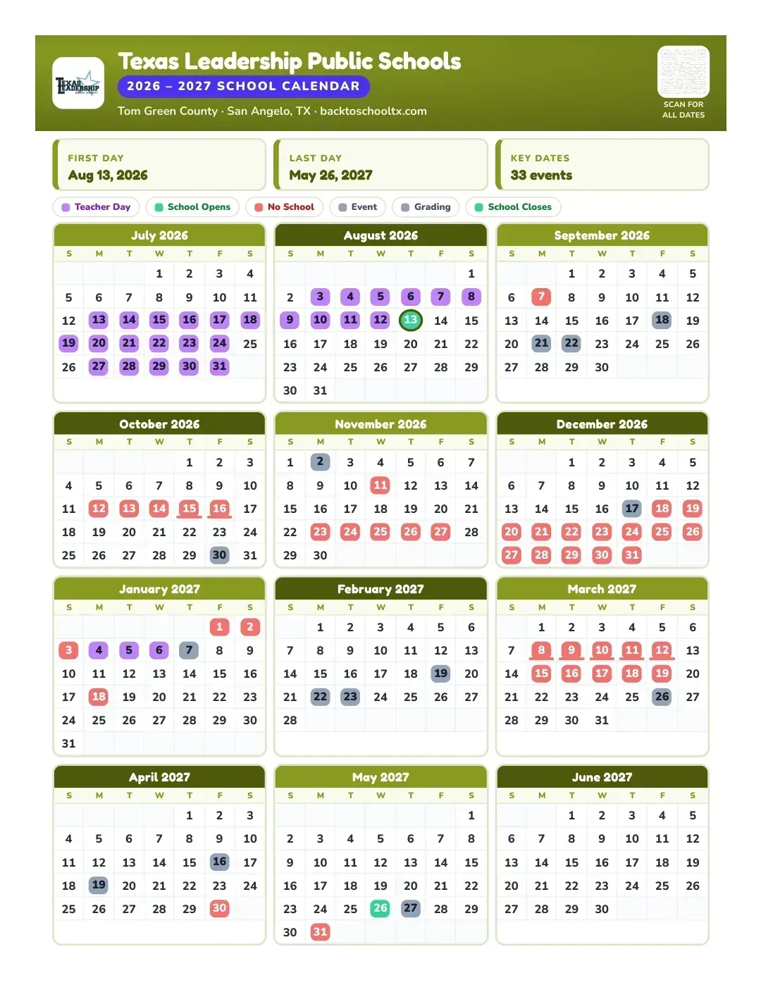 Texas Leadership Public Schools Calendar for the Year 26-27