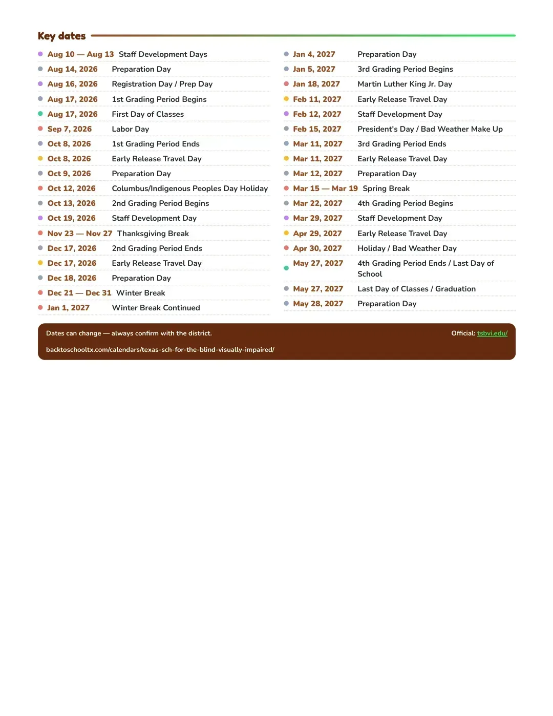 Texas Sch For The Blind & Visually Impaired Calendar for the Year 26-27 — key dates