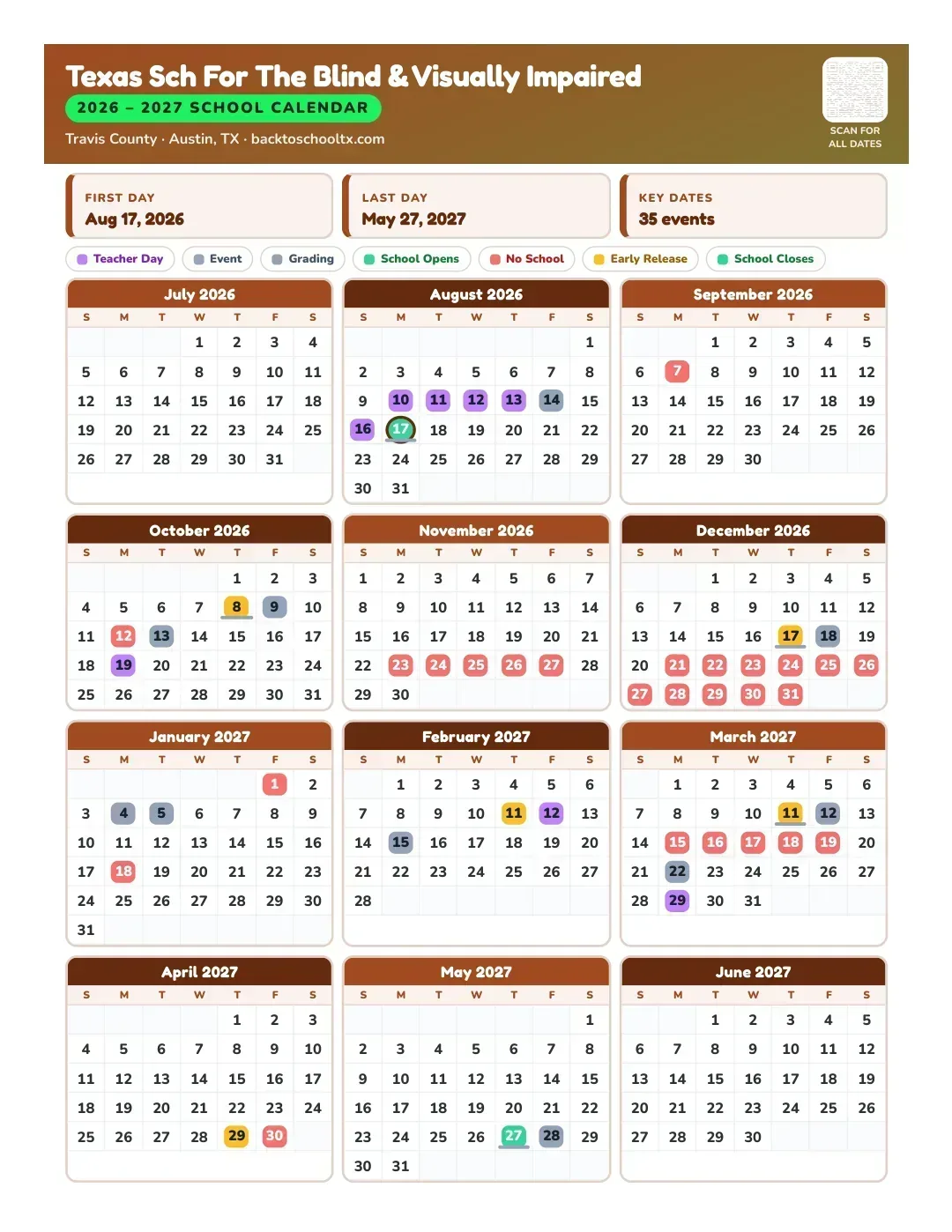 Texas Sch For The Blind & Visually Impaired Calendar for the Year 26-27