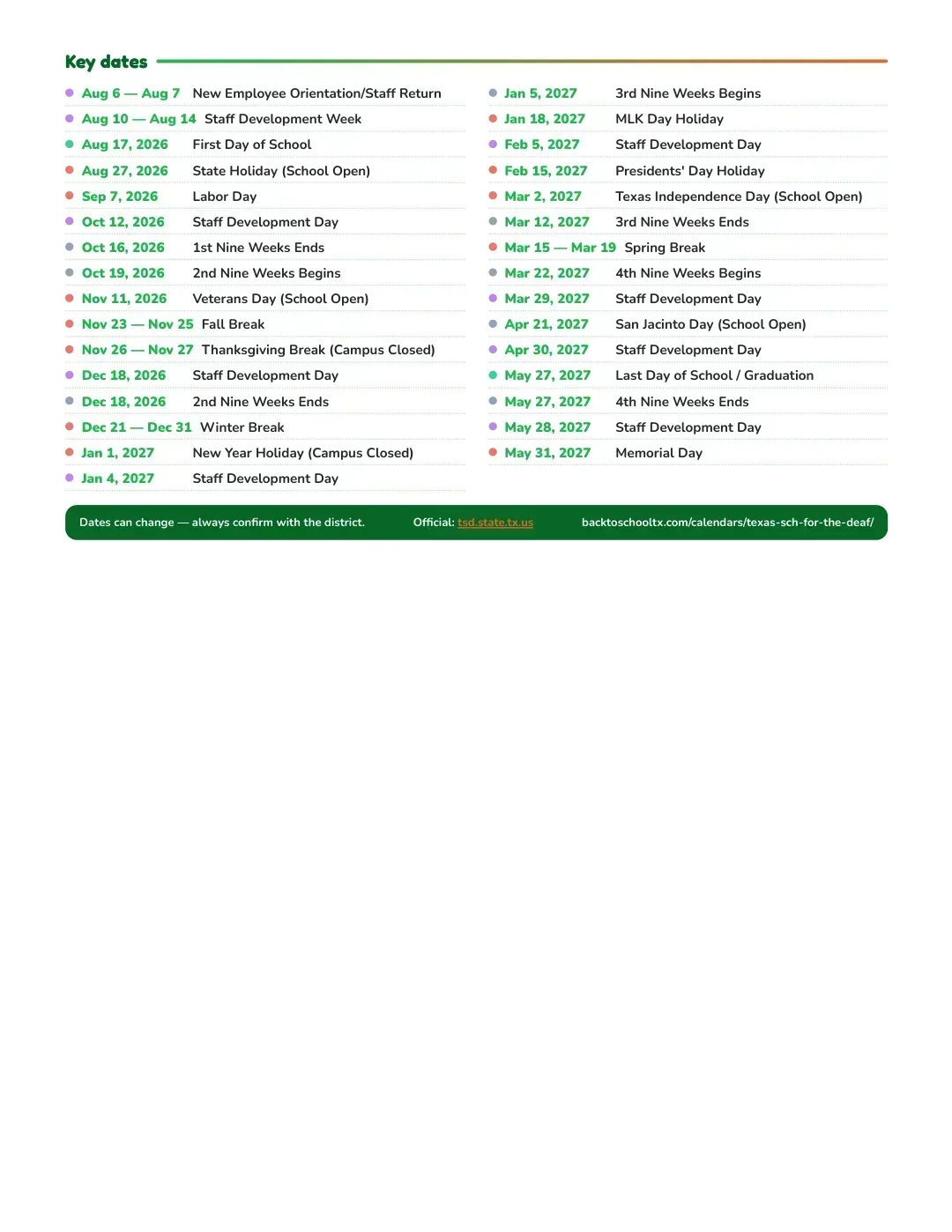 Texas Sch For The Deaf Calendar for the Year 26-27 — key dates