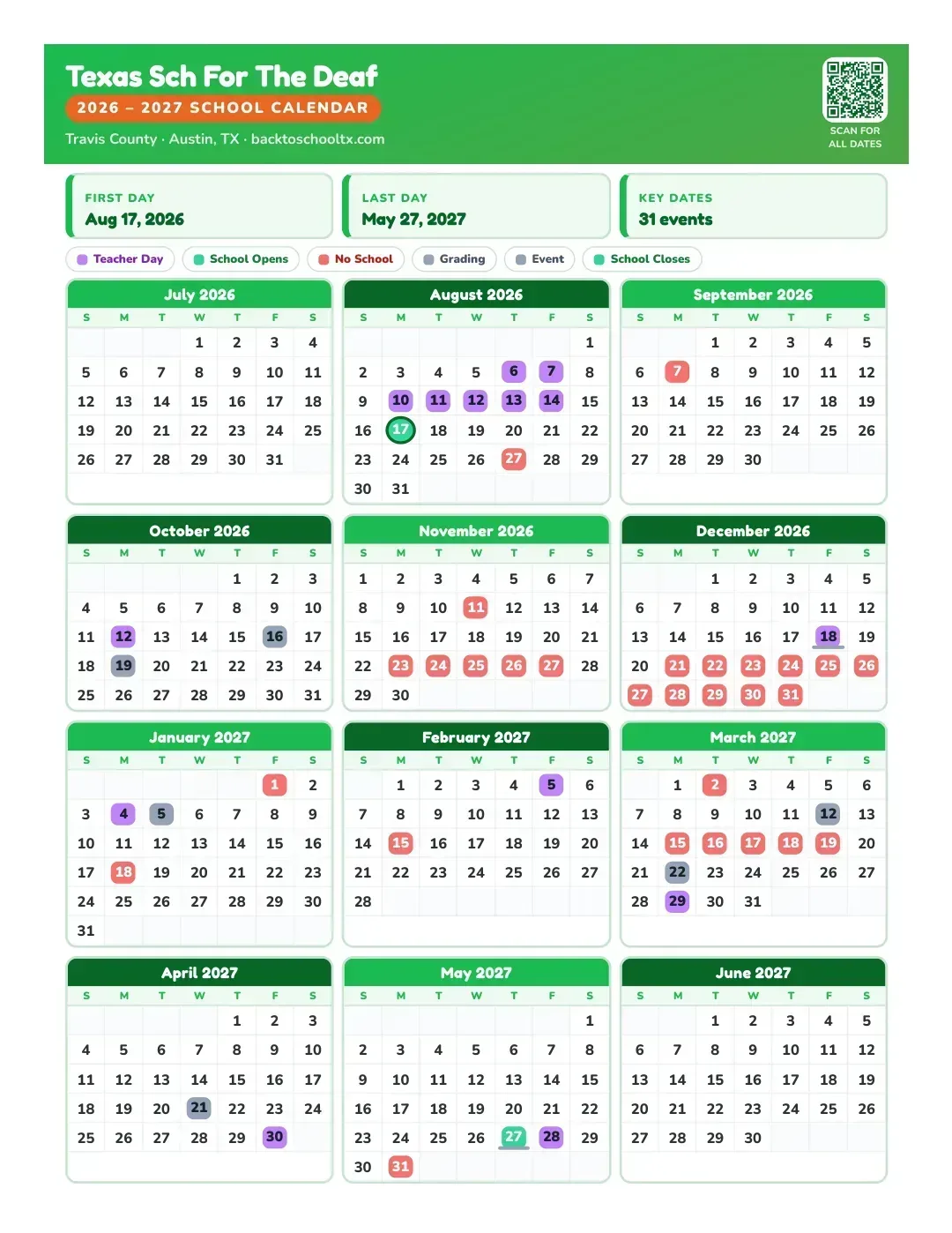 Texas Sch For The Deaf Calendar for the Year 26-27