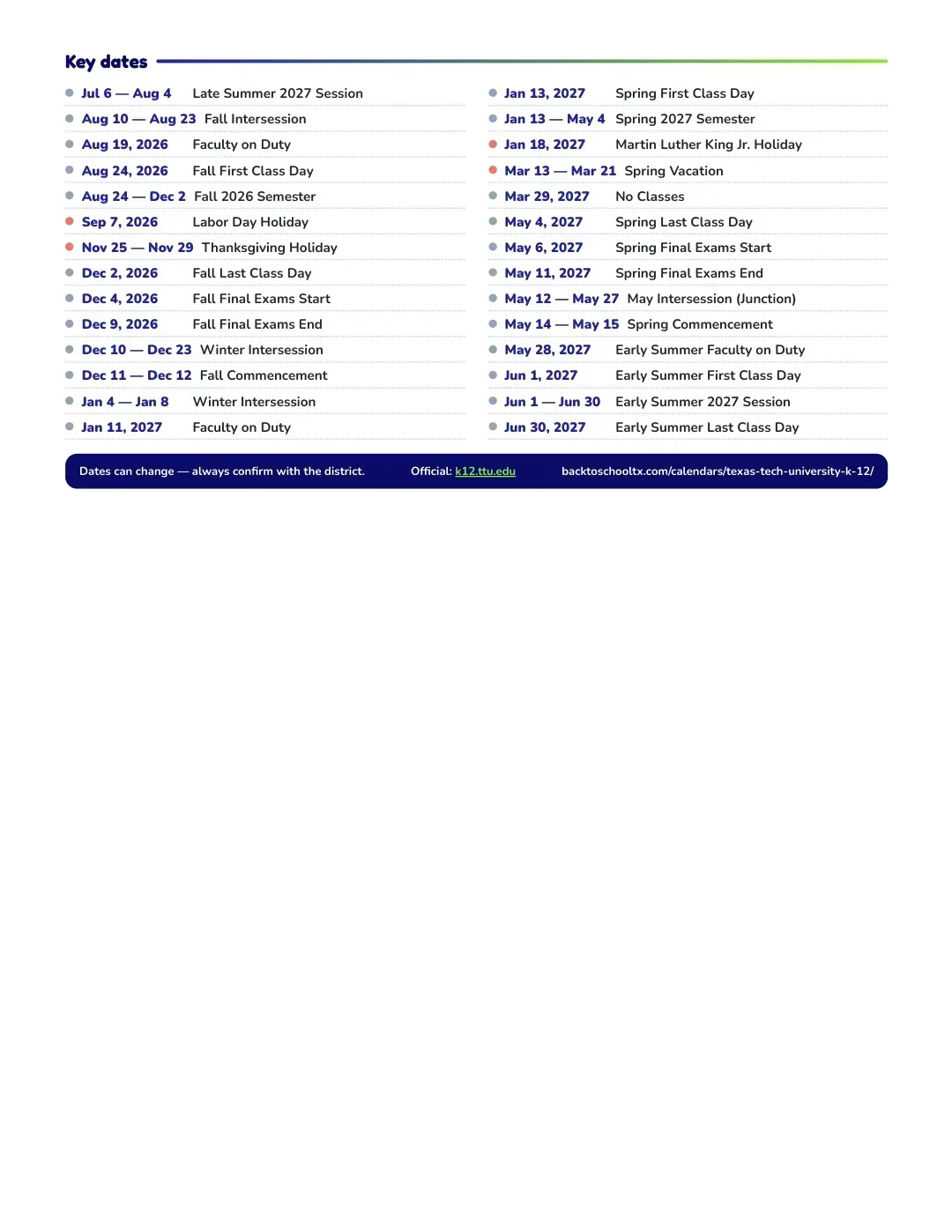 Texas Tech University K-12 Calendar for the Year 26-27 — key dates