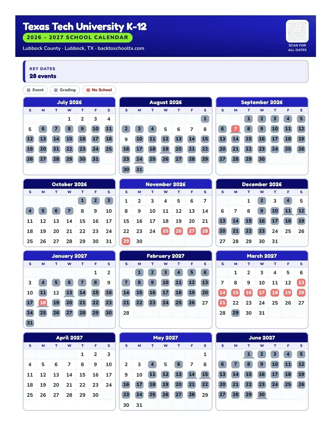 Texas Tech University K-12 Calendar for the Year 26-27