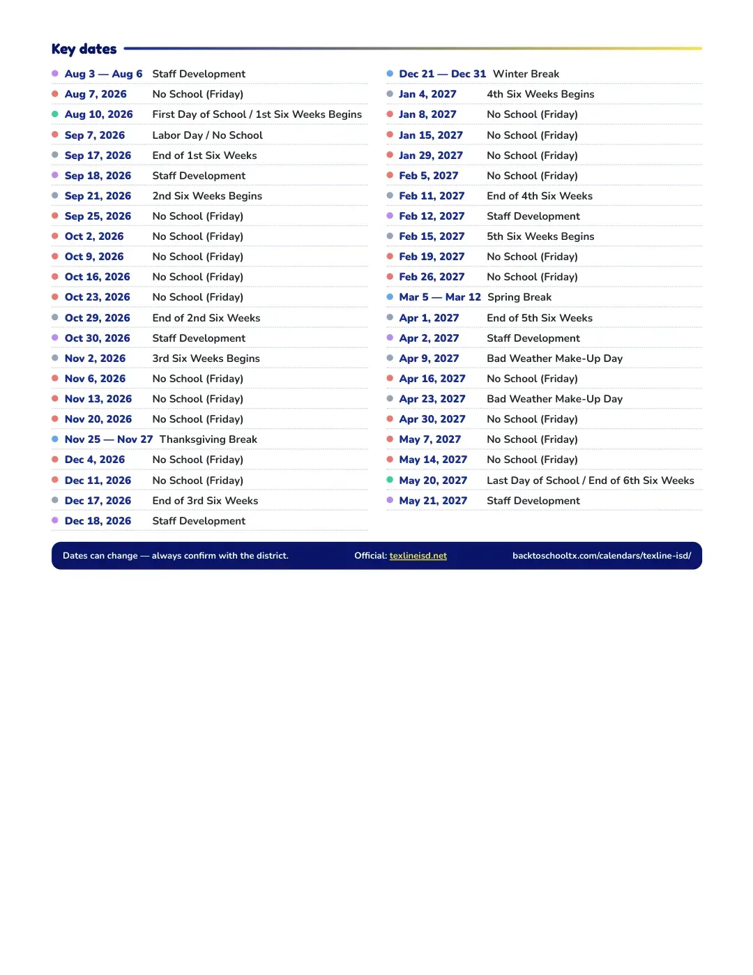Texline ISD Calendar for the Year 26-27 — key dates