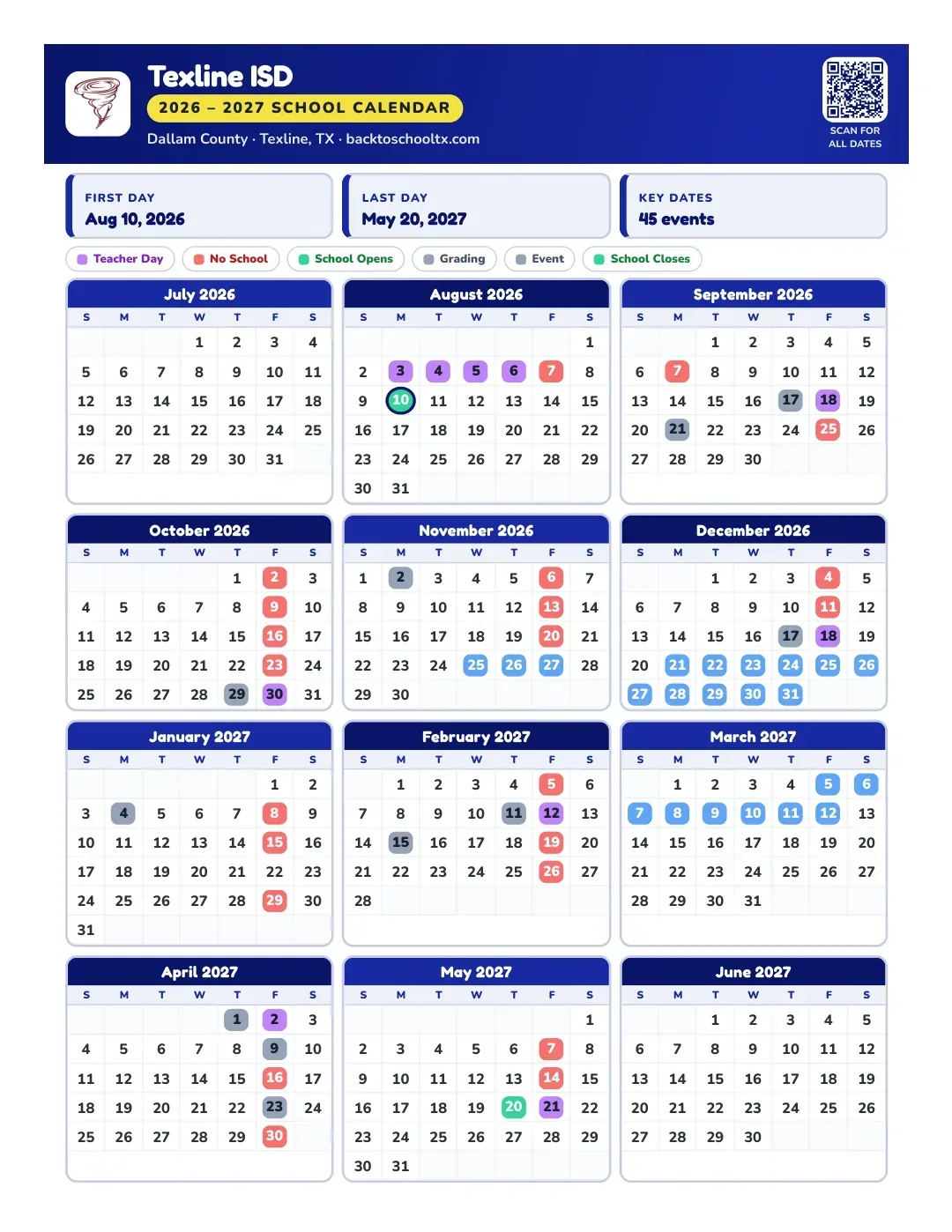 Texline ISD Calendar for the Year 26-27