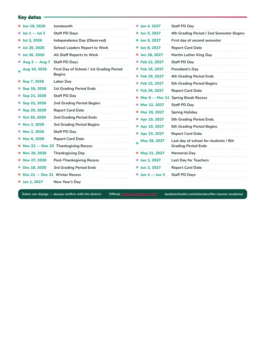 The Lawson Academy Calendar for the Year 26-27 — key dates