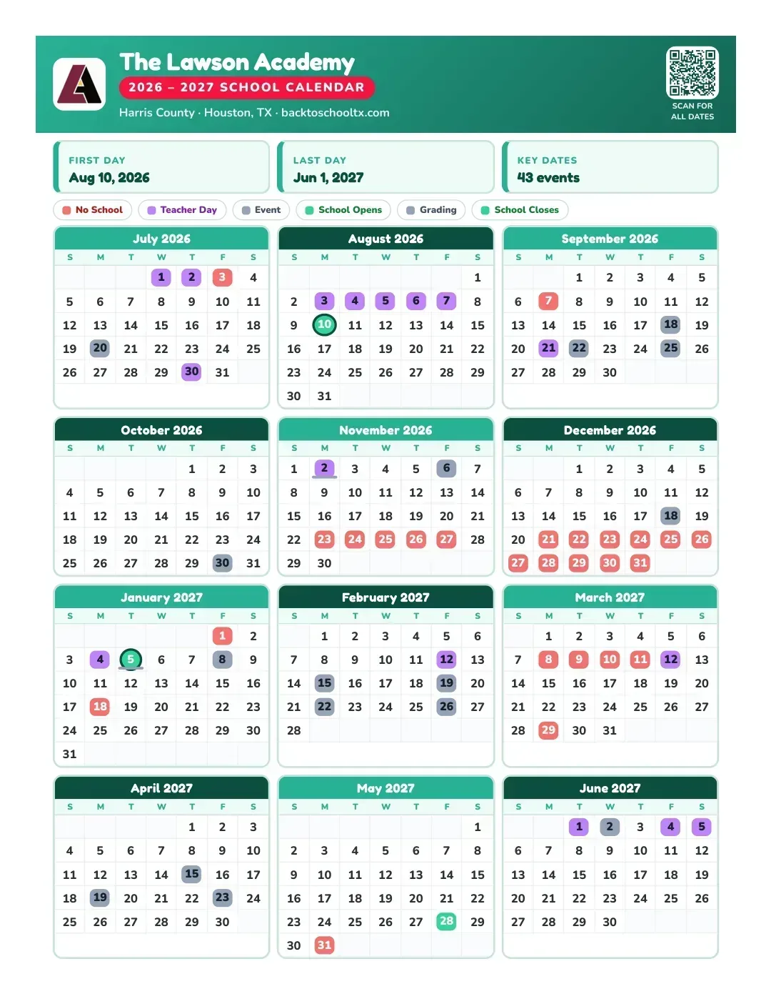 The Lawson Academy Calendar for the Year 26-27