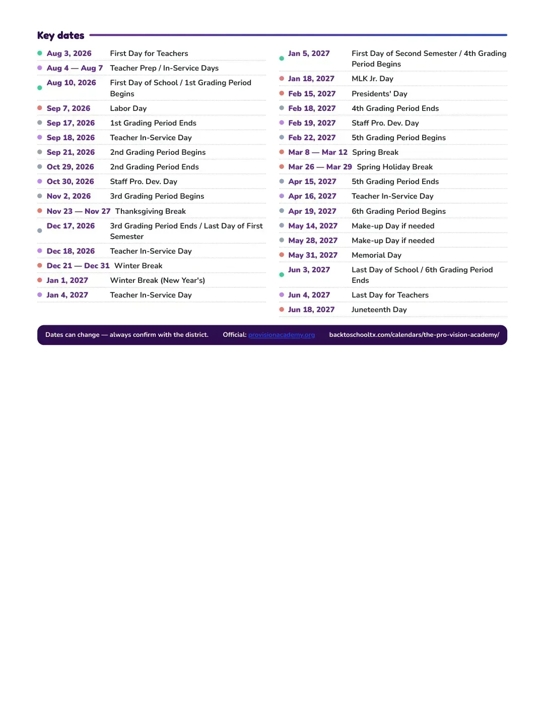 The Pro-vision Academy Calendar for the Year 26-27 — key dates