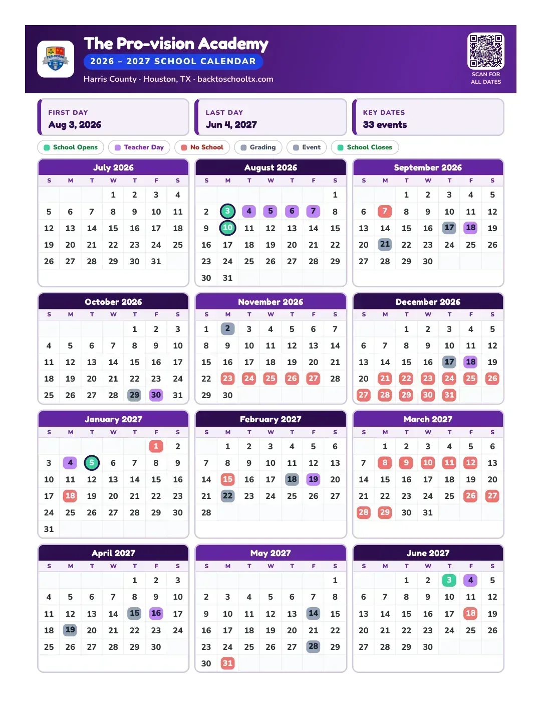 The Pro-vision Academy Calendar for the Year 26-27