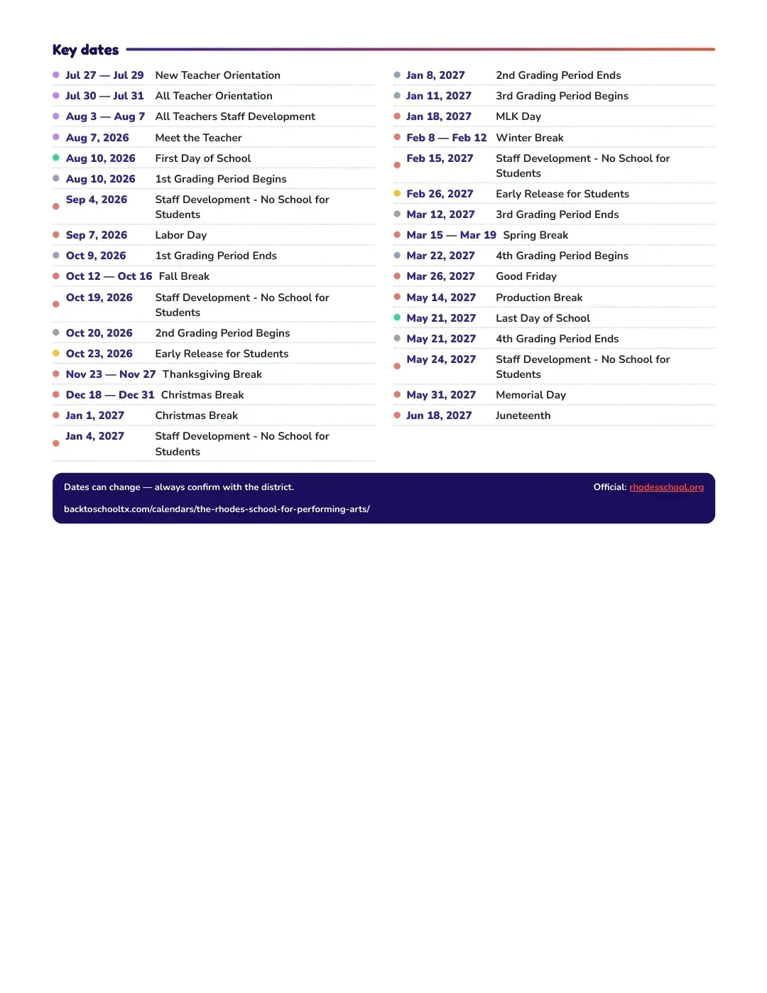 The Rhodes School For Performing Arts Calendar for the Year 26-27 — key dates