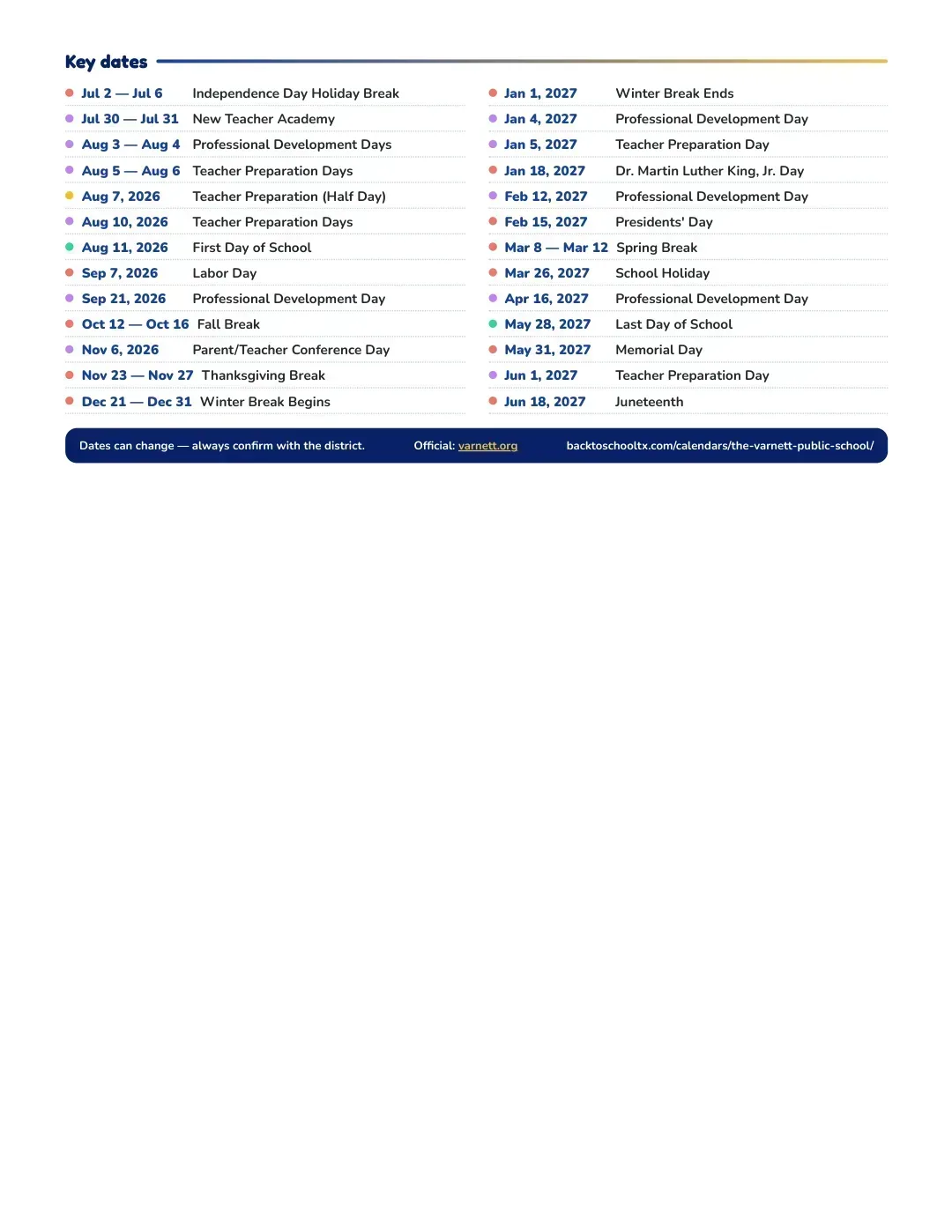 The Varnett Public School Calendar for the Year 26-27 — key dates