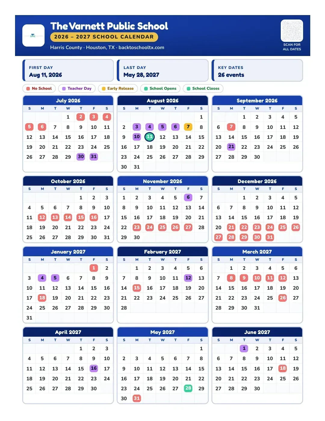 The Varnett Public School Calendar for the Year 26-27