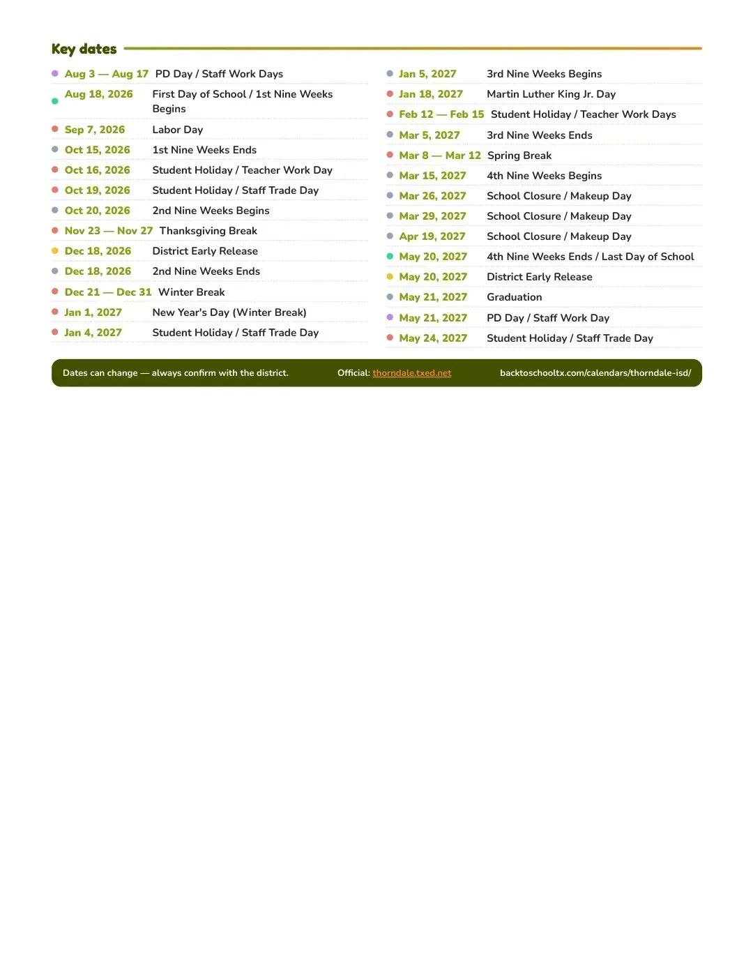 Thorndale ISD Calendar for the Year 26-27 — key dates