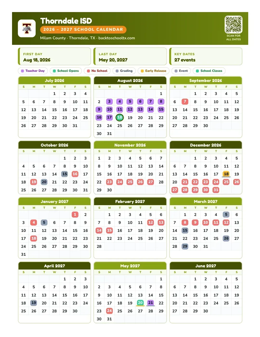 Thorndale ISD Calendar for the Year 26-27