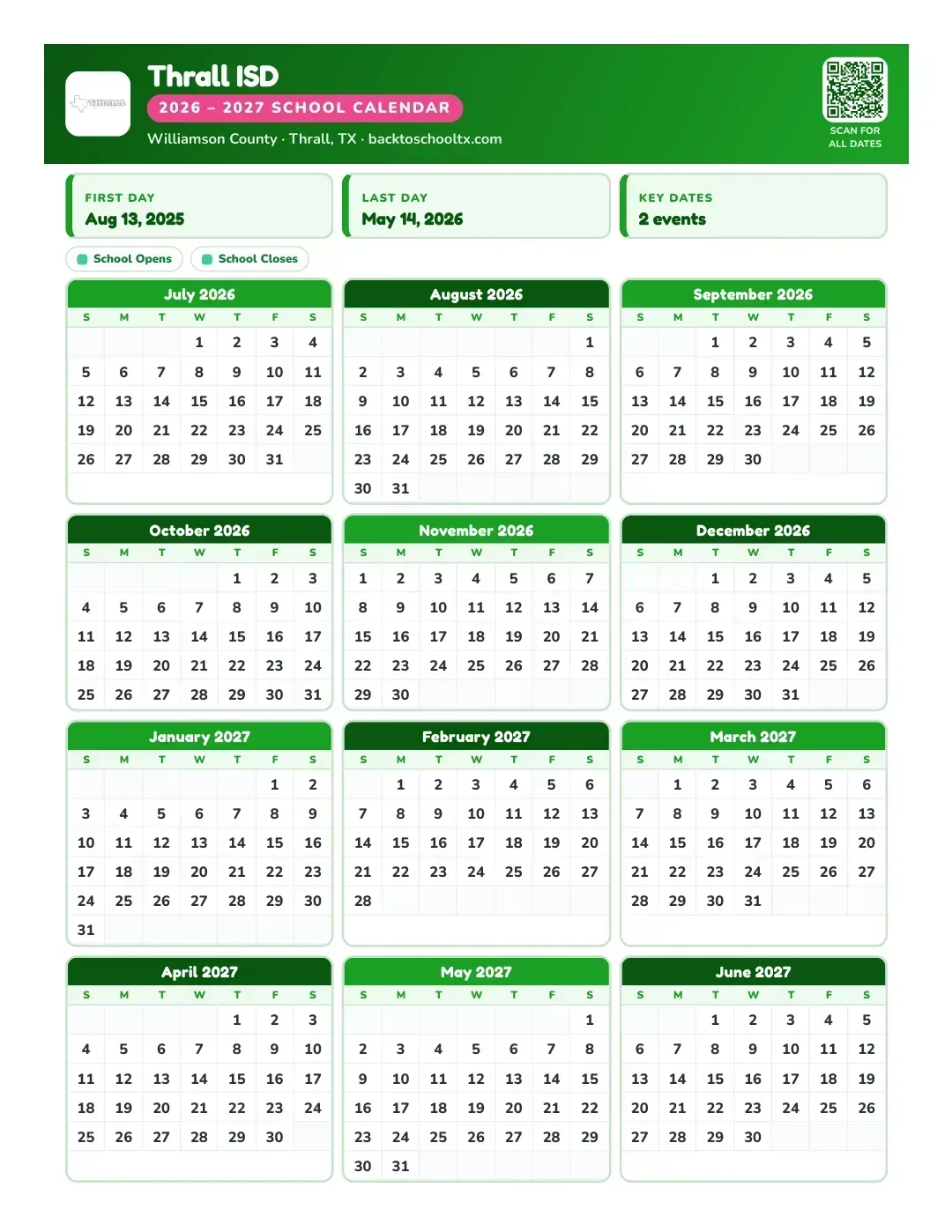 Thrall ISD Calendar for the Year 26-27
