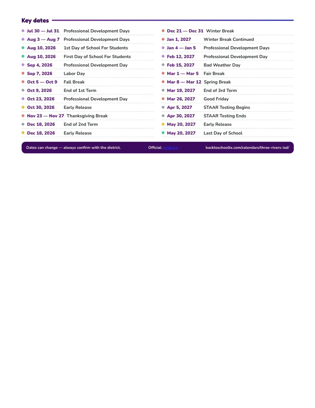 Three Rivers ISD Calendar for the Year 26-27 — key dates