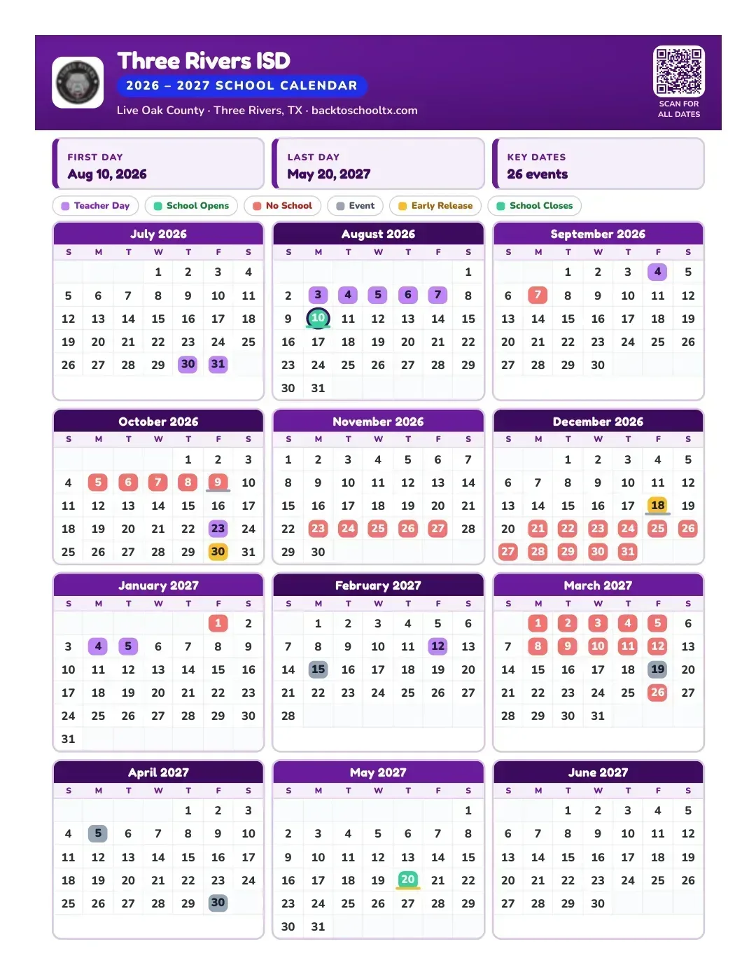Three Rivers ISD Calendar for the Year 26-27
