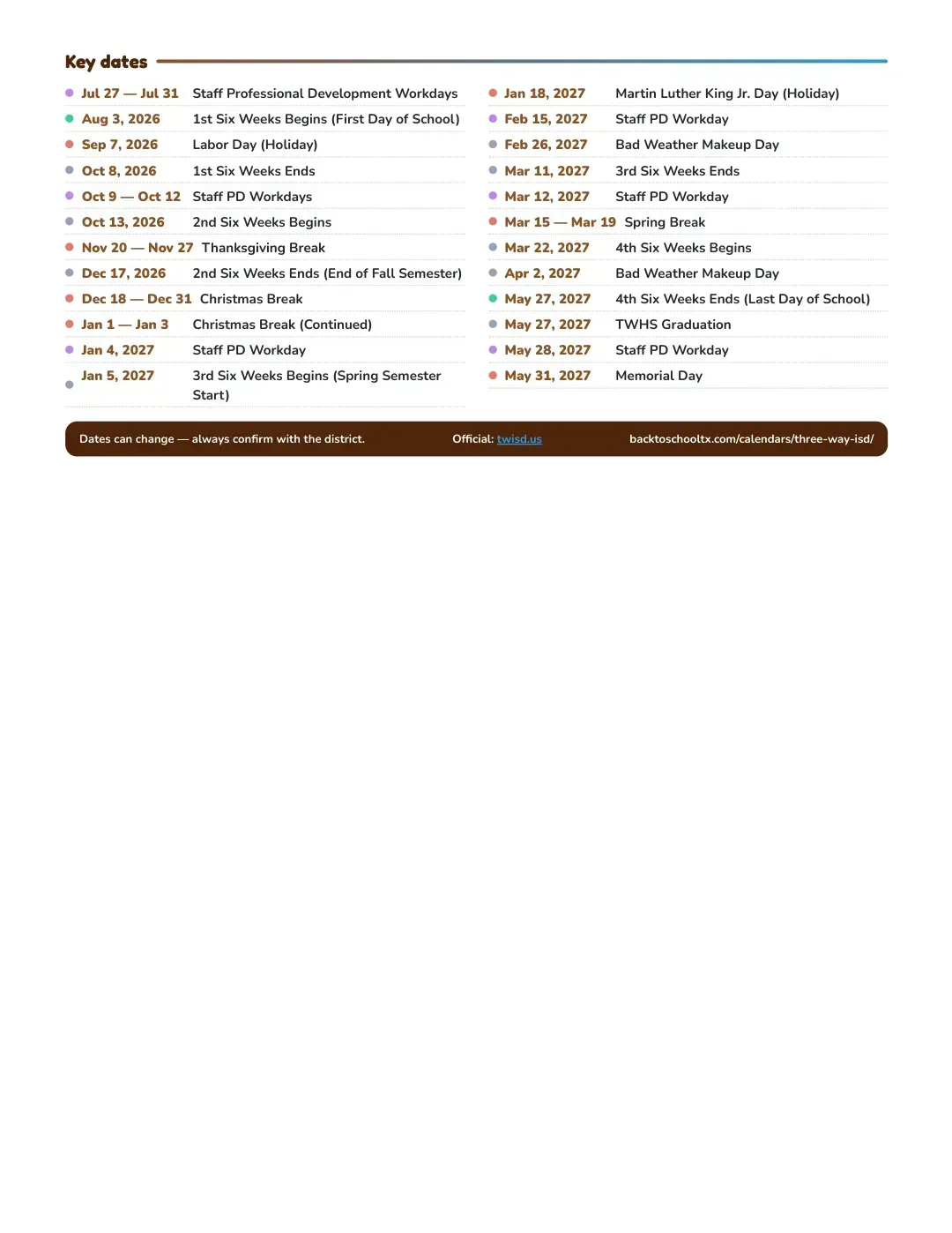 Three Way ISD Calendar for the Year 26-27 — key dates