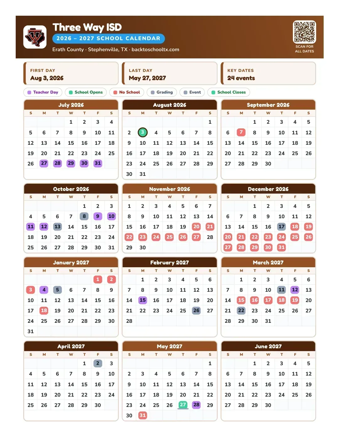 Three Way ISD Calendar for the Year 26-27