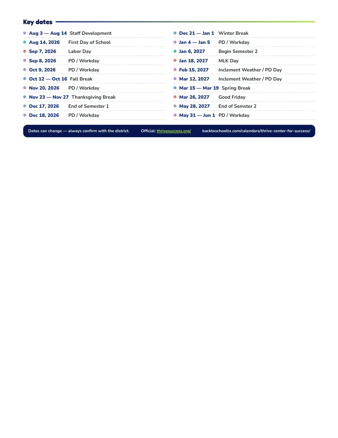 Thrive Center For Success Calendar for the Year 26-27 — key dates