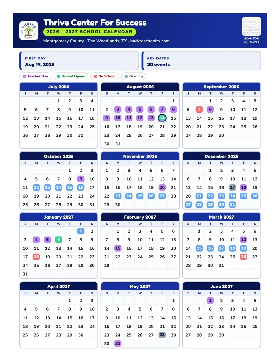 Thrive Center For Success Calendar for the Year 26-27