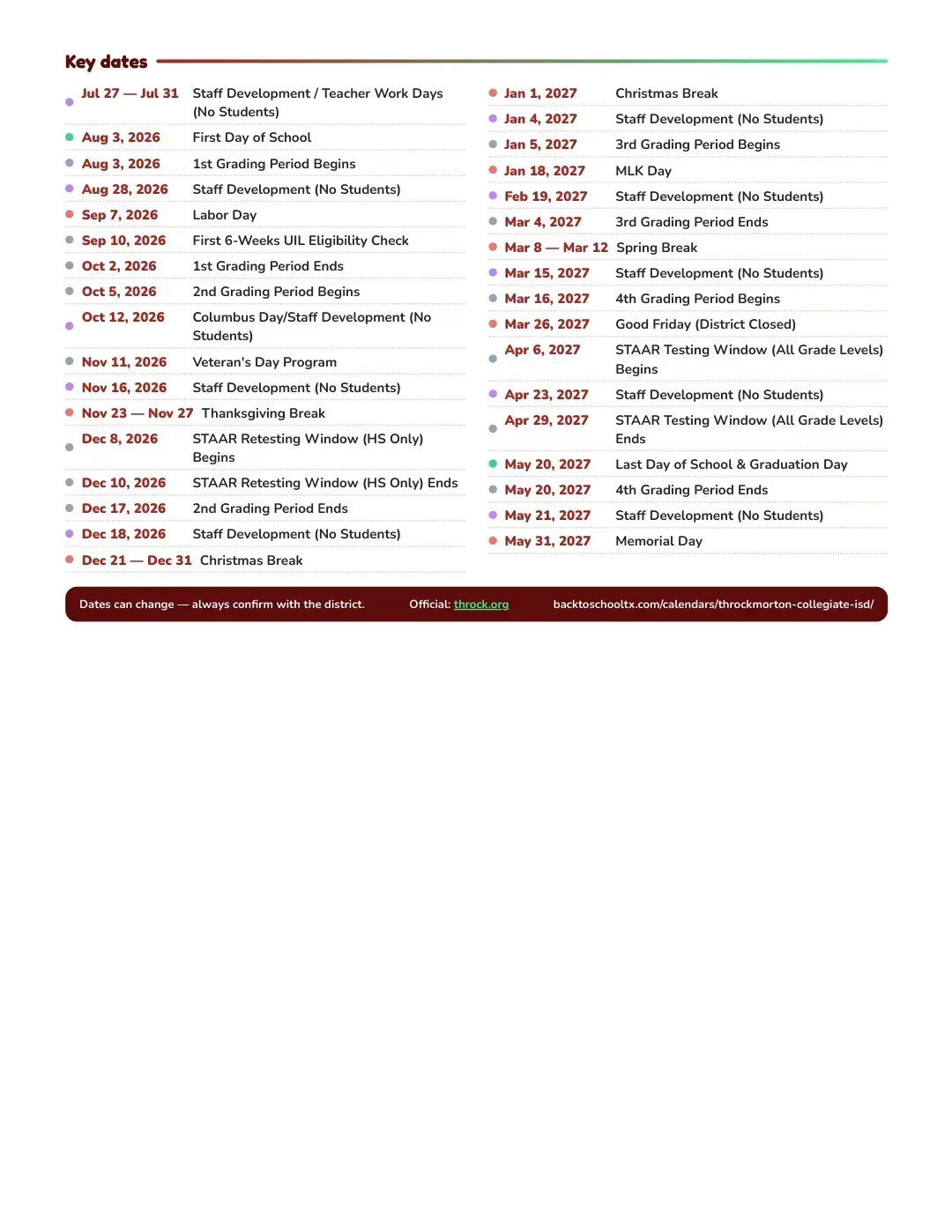Throckmorton Collegiate ISD Calendar for the Year 26-27 — key dates