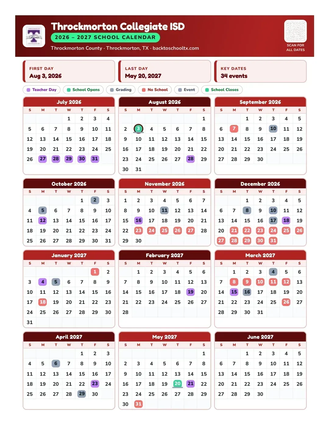 Throckmorton Collegiate ISD Calendar for the Year 26-27