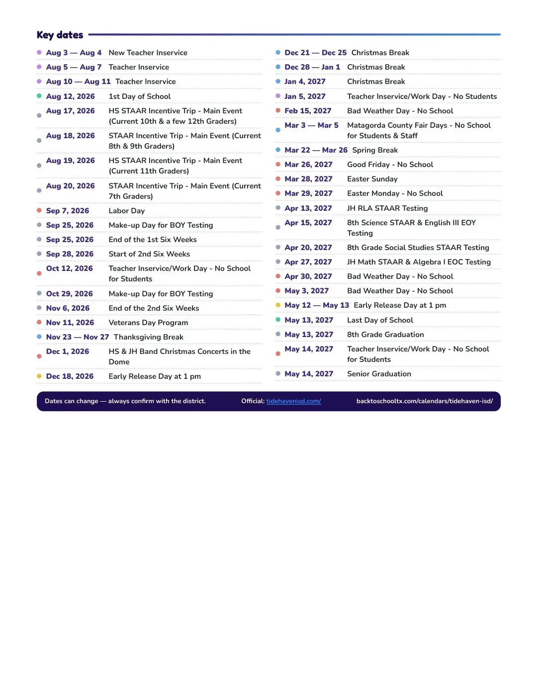Tidehaven ISD Calendar for the Year 26-27 — key dates