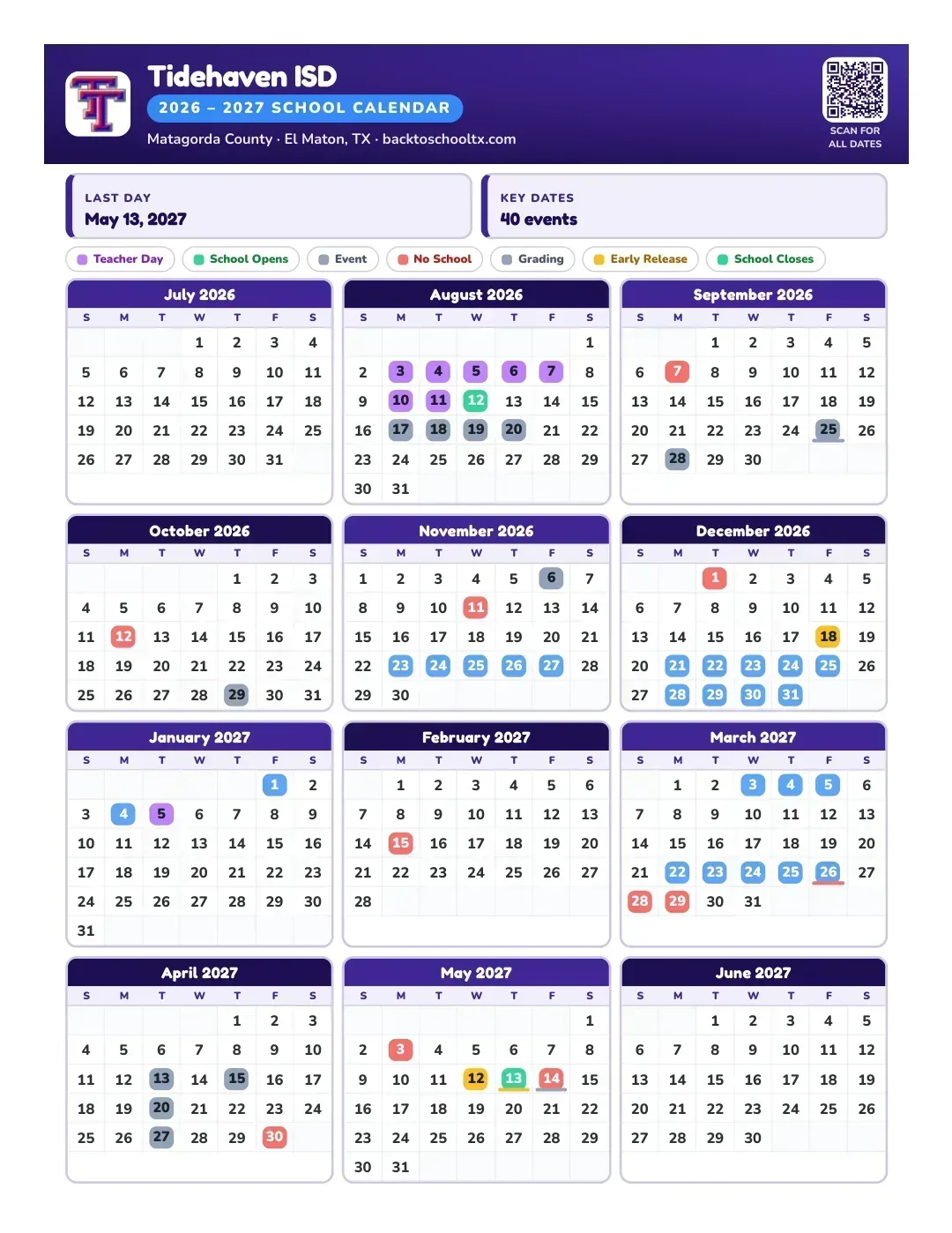 Tidehaven ISD Calendar for the Year 26-27